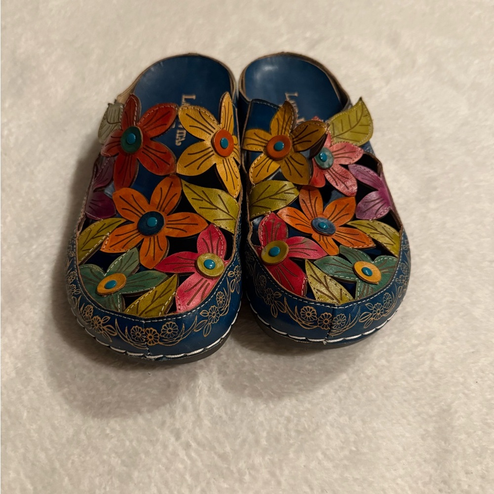 Laura Vita Floral slip on France Style Leather Fashionable Mule Shoes Size 41 - Picture 3 of 6